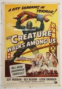 p368 CREATURE WALKS AMONG US linen one-sheet movie poster '56 great sequel!