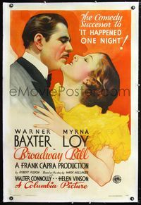1s102 BROADWAY BILL linen 1sh '34 Frank Capra horse racing comedy, art of Warner Baxter & Myrna Loy!