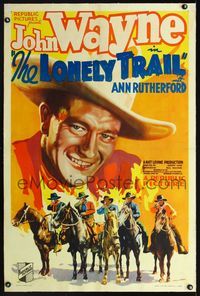 1s254 LONELY TRAIL linen 1sheet '36 best huge headshot artwork of cowboy John Wayne & men on horses!