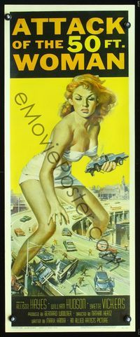 2p142 ATTACK OF THE 50 FT WOMAN insert '58 classic art of enormous sexy Allison Hayes over highway!
