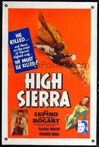 2x153 HIGH SIERRA linen 1sheet '41 cool art of Bogart on cliff firing down + insets of him & Lupino!