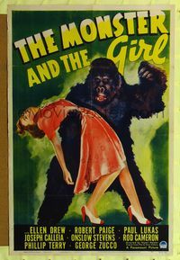 7d639 MONSTER & THE GIRL style A 1sh '41 fantastic image of ape carrying unconscious woman!