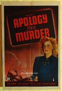 2m043 APOLOGY FOR MURDER 1sh '45 film noir, great image of Ann Savage with a smoking gun!