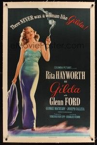 5a001 GILDA style B linen 1sh'46 most classic full-length image of ultra-sexy smoking Rita Hayworth!