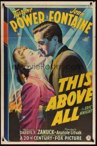 7m046 THIS ABOVE ALL 1sh '42 wonderful stone litho of Tyrone Power about to kiss Joan Fontaine!