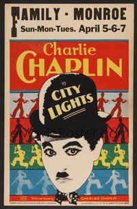 7p009 CITY LIGHTS WC '31 huge headshot of Charlie Chaplin + many deco dancing Chaplins!