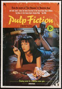 4w413 PULP FICTION linen recalled advance 1sh '94 Quentin Tarantino, Uma Thurman smoking Lucky Strikes!