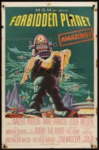 5y348 FORBIDDEN PLANET 1sh '56 most classic art of Robby the Robot carrying sexy Anne Francis!