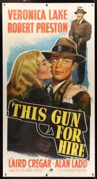 6s268 THIS GUN FOR HIRE linen 3sh '42 great image of Alan Ladd with gun & sexy Veronica Lake!