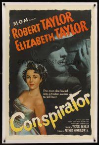 6s023 CONSPIRATOR linen 1sh '49 art of English spy Robert Taylor & sexy young Elizabeth Taylor!