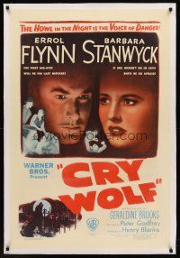 6s027 CRY WOLF linen 1sh '47 cool close image of Errol Flynn & Barbara Stanwyck!