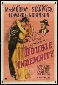 6s032 DOUBLE INDEMNITY linen signed 1sh '44 by Barbara Stanwyck, Fred MacMurray, Edward G. Robinson