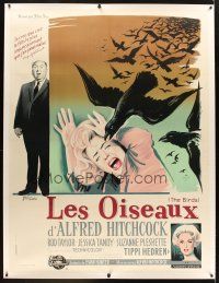 6s279 BIRDS linen French 1p '63 Alfred Hitchcock, Grinsson art of Tippi Hedren attacked by birds!