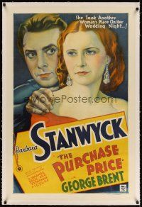 6s094 PURCHASE PRICE linen 1sh '32 stone litho of Barbara Stanwyck, who took another woman's place!
