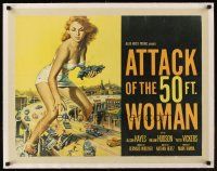 1a002 ATTACK OF THE 50 FT WOMAN linen 1/2sh '58 classic art of enormous Allison Hayes over highway!