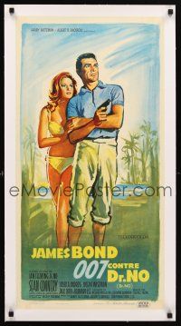 5h015 DR. NO linen French 16x30 '63 different artwork of Sean Connery & sexy Ursula Andress!
