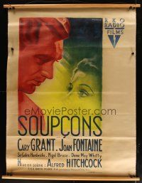 9g004 SUSPICION linen French 1p '46 Hitchcock, Bernard Lancy art of Cary Grant & Joan Fontaine!