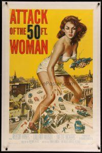 4f217 ATTACK OF THE 50 FT WOMAN linen 1sh '58 classic Brown art of Allison Hayes over highway!