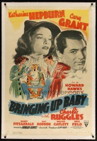 4g065 BRINGING UP BABY linen 1sh '38 Katharine Hepburn, Cary Grant & leopard, Howard Hawks classic!