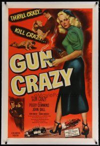 4g175 GUN CRAZY linen 1sh '50 great image of thrill crazy bad girl Peggy Cummins, film noir classic