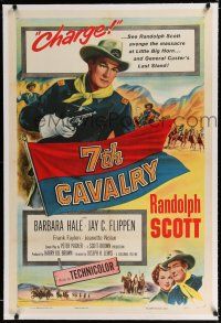 9f003 7th CAVALRY linen 1sh '56 Randolph Scott at Little Big Horn, directed by Joseph H. Lewis!