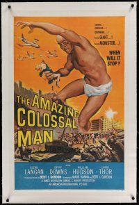 9f010 AMAZING COLOSSAL MAN linen 1sh '57 Bert I. Gordon, art of the giant monster by Albert Kallis!