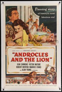 9f012 ANDROCLES & THE LION linen 1sh '52 artwork of Victor Mature holding Jean Simmons!