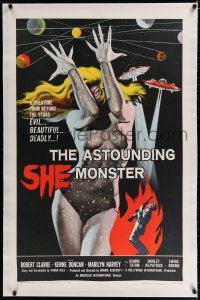 9f020 ASTOUNDING SHE MONSTER linen 1sh '58 art of the beautiful & deadly creature from the stars!