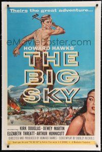 9f039 BIG SKY linen 1sh '52 Howard Hawks, art of shirtless Kirk Douglas with hatchet!