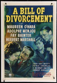9f043 BILL OF DIVORCEMENT linen 1sh '40 Maureen O'Hara, Adolphe Menjou, Marshall, Bainter, Trumbo
