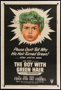 9f056 BOY WITH GREEN HAIR linen 1sh '48 huge headshot of Dean Stockwell, a kid who wants to end war!