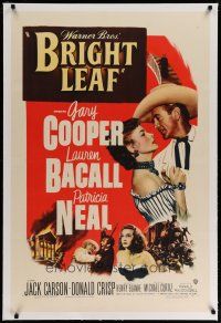 9f060 BRIGHT LEAF linen 1sh '50 great romantic close up of Gary Cooper & sexy Lauren Bacall!