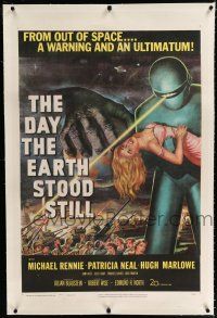 9f086 DAY THE EARTH STOOD STILL linen 1sh '51 Robert Wise, classic art of Gort holding Patricia Neal