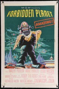 9f109 FORBIDDEN PLANET linen 1sh '56 classic art of Robby the Robot carrying sexy Anne Francis!