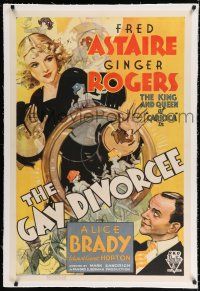 9f117 GAY DIVORCEE linen 1sh '34 wonderful art of Fred Astaire & Ginger Rogers w/huge wedding ring!