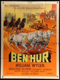 9h231 BEN-HUR French 1p '60 incredible art of Charlton Heston in chariot race by Roger Soubie!