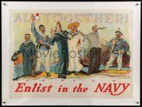 9h113 ENLIST IN THE NAVY linen 31x43 WWI war poster '17 cool art of Allied sailors by H. Reuterdahl!