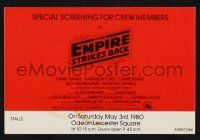 9h052 EMPIRE STRIKES BACK English presskit & ticket stub '80 from May 3 special screening for crew!