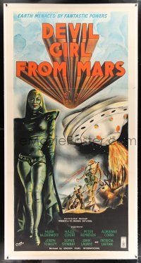 2w043 DEVIL GIRL FROM MARS linen English 3sh '55 Robb art of female alien & attacking spaceship!