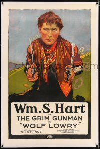 5m202 WOLF LOWRY linen 1sh R20s wonderful art of Grim Gunman William S. Hart with two smoking guns!