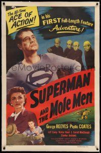 2j134 SUPERMAN & THE MOLE MEN linen 1sh '51 George Reeves in his 1st full-length feature adventure!