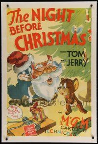 3d012 NIGHT BEFORE CHRISTMAS linen 1sh '41 cartoon art of Tom w/Santa mask & Jerry under tree, rare