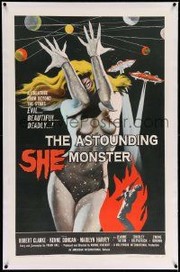3f129 ASTOUNDING SHE MONSTER linen 1sh '58 art of the beautiful & deadly creature from the stars!