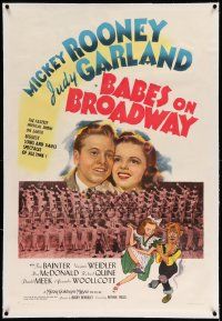 3f132 BABES ON BROADWAY linen style C 1sh '41 art of Mickey Rooney & Judy Garland by Al Hirschfeld!