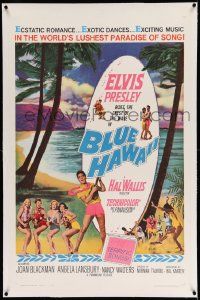 3f148 BLUE HAWAII linen 1sh '61 Elvis Presley plays a ukulele for sexy ladies on the beach!