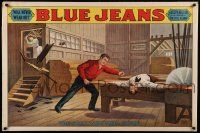 8c009 BLUE JEANS 28x42 stage poster 1890 stone litho of man about to be bisected by sawblade!