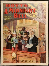 9k045 HOYT'S A MIDNIGHT BELL 21x29 stage poster 1889 cool art of church choir singing by organist!