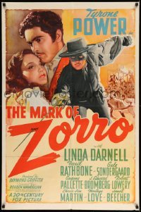 2z359 MARK OF ZORRO style A 1sh '40 classic art of masked hero Tyrone Power & Linda Darnell, rare!