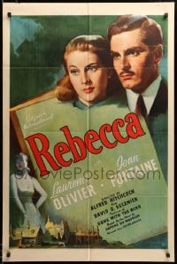 2z030 REBECCA 1sh '40 Alfred Hitchcock classic, great art of Laurence Olivier & Joan Fontaine!
