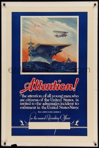 3k120 ATTENTION 28x42 Navy recruiting poster '40 cool Murphey art of plane leaving aircraft carrier!
